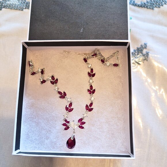 Sterling Silver 925 Red Ruby & White Sapphire Necklace - Picture 1 of 4